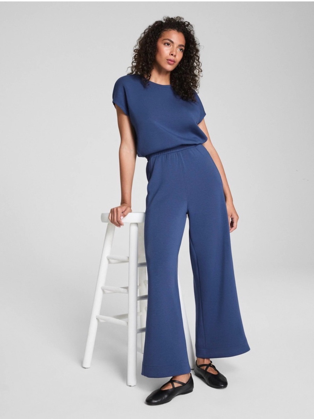 SPANX AirEssentials® Cap Sleeve Cinched Jumpsuit Wide Leg Blue Faded Indigo M